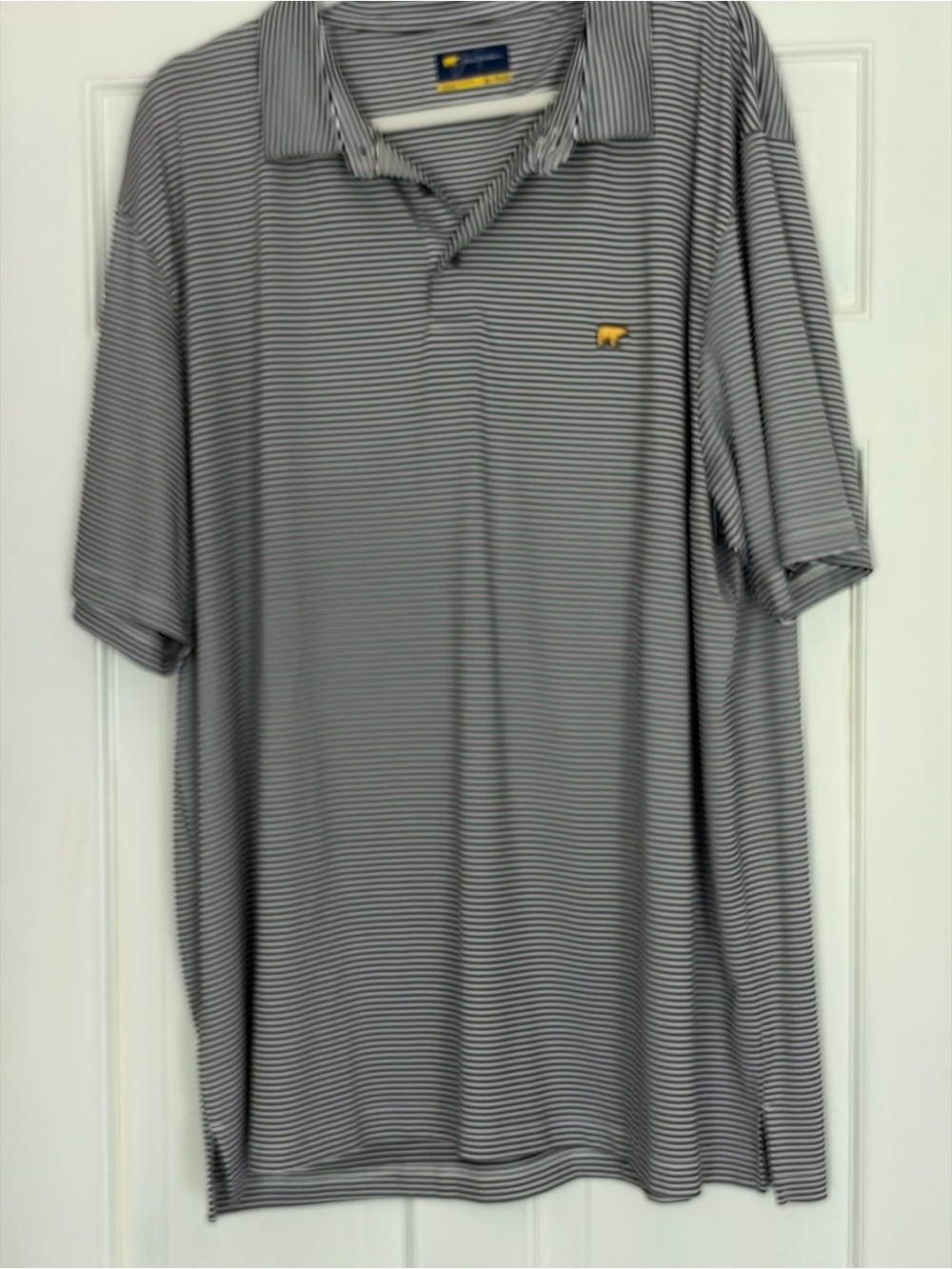 Men's Black and White Striped Polo Shirt with Embroidered Logo